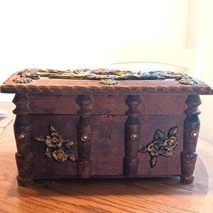 Vintage Wooden Jewelry Box Arcane witchcraft alter box with gold floral accents